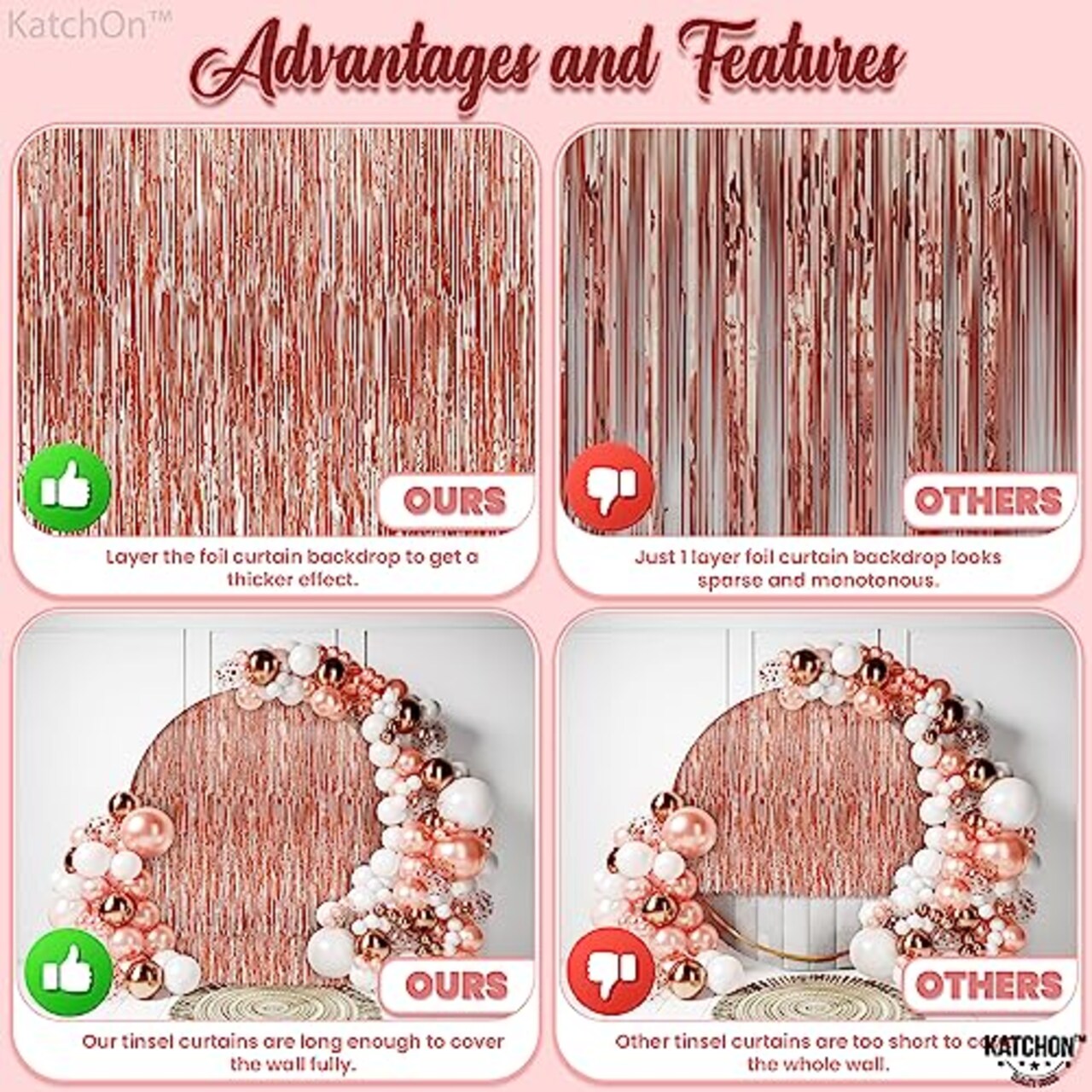 XtraLarge Rose Gold Fringe Curtain 6.4x8 Feet, Pack of 2 - Rose Gold Backdrop for Bachelorette Party, Rose Gold Party Decorations, Streamers, and Birthday Backdrop
